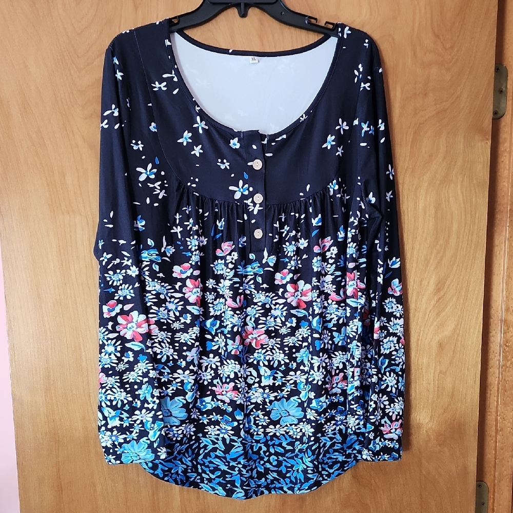 Floral Print Women's Top - Black and Blue